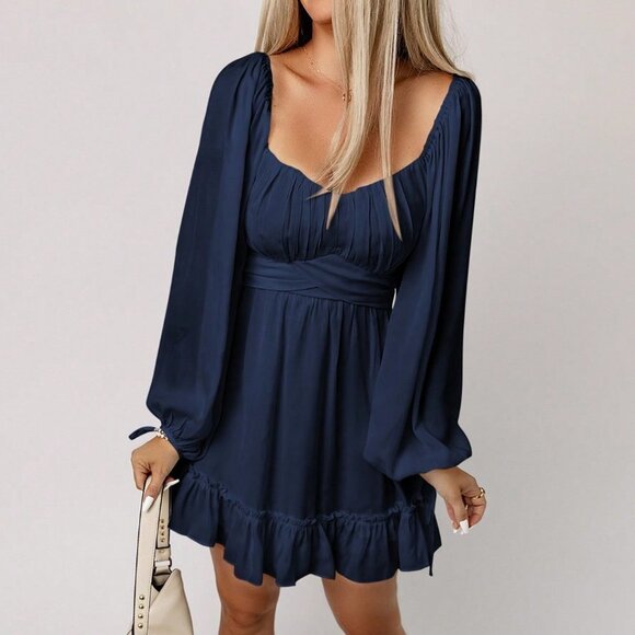 Navy Blue Casual Womens Sweetheart Neck Lantern Sleeve Ruched Bust Ruffle He… - Picture 2 of 5